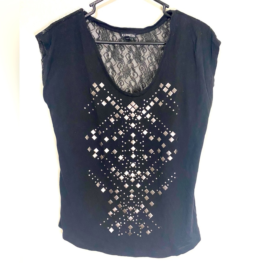 Express Black Studded Lace Back Tee - Size M